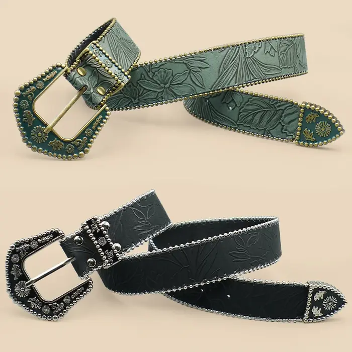 Ceinture bohème pour femme avec accents de perles métalliques – Boucle sculptée vintage et détail de chaîne gravée en feuilles pour une élégance décontractée