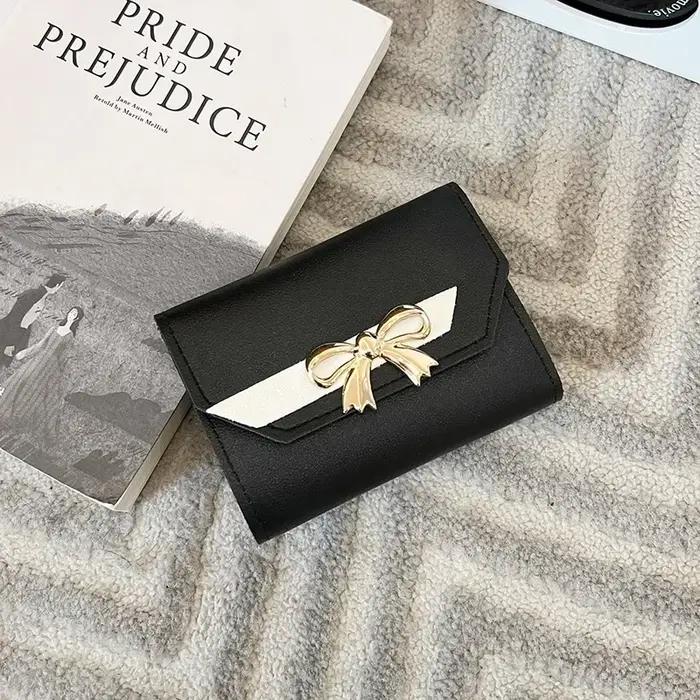 Femmes portefeuille pliable Portable dames court porte-monnaie mode mignon nœud pochette en cuir PU 