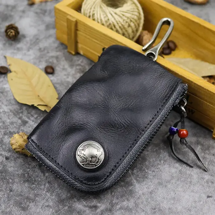 Porte-clés en cuir Original pour hommes, court, Vintage, fait à la main, fermeture éclair, porte-clé