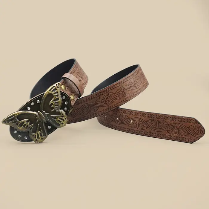 Ceinture papillon rétro Brown Street Punk – Boucle papillon en strass