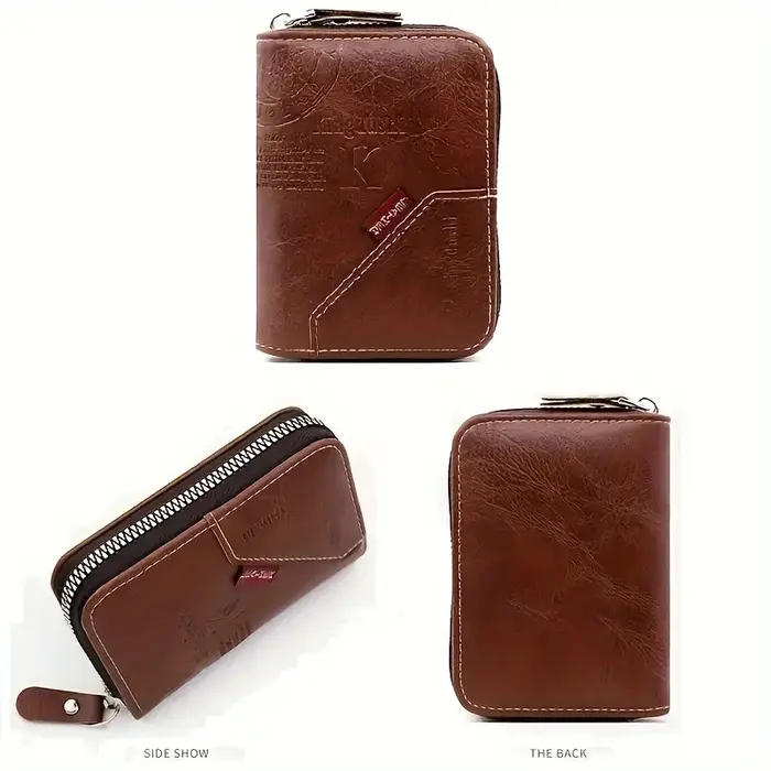 Porte-cartes fin vintage avec blocage RFID - Portefeuille en cuir PU avec fermeture éclair