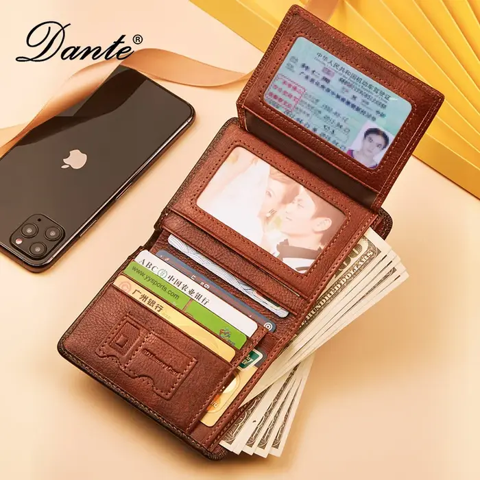 Dante portefeuille en cuir pour hommes RFID antivol brosse tête couche peau de vache rétro décontracté Vertical multi-fonction sac d'argent pinces à billets