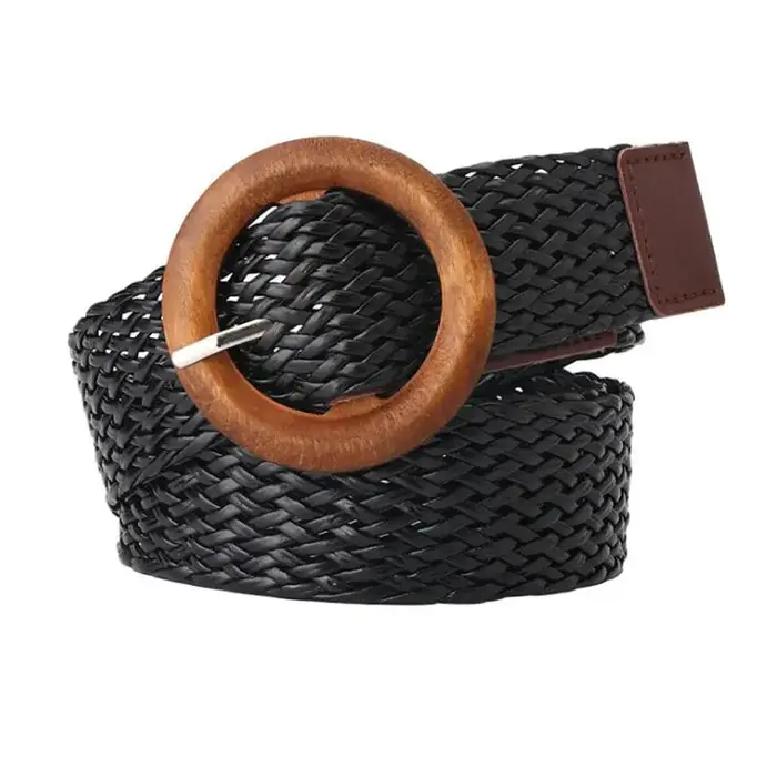 Ceinture de taille tressée noir café femme ceinture Vintage Boho ronde en bois boucle lisse fausse paille larges ceintures sangle de taille pour les femmes