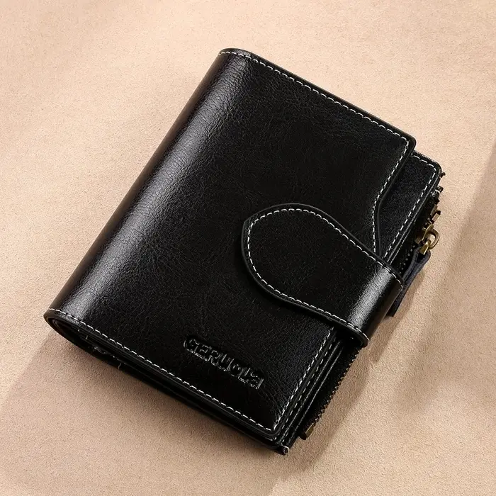 Brosse antivol RFID, nouveau portefeuille trois fois multi-pli en cuir de vache véritable