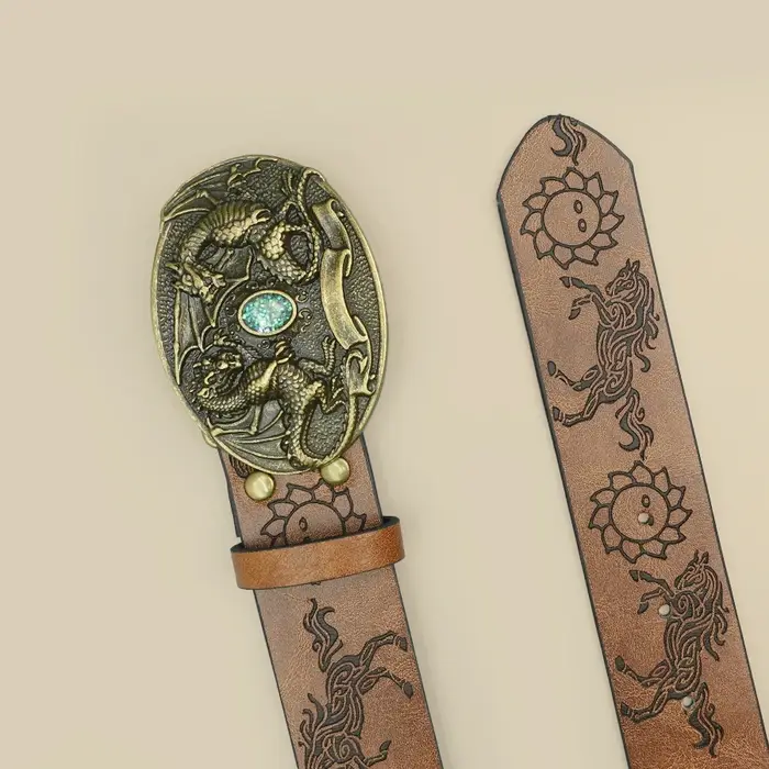Ceinture décontractée marron de style européen avec motif de dragon rétro sculpté et boucle incrustée de pierres