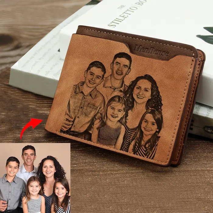 Portefeuille personnalisé Photo hommes marron court étanche multi-fonction mat cuir PU gravure