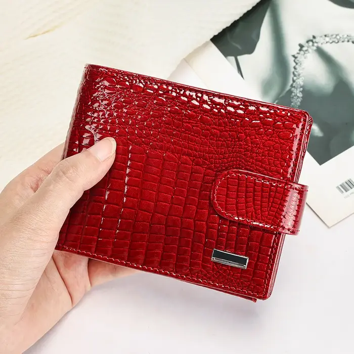 Portefeuille en cuir véritable, style court, tendance, grande capacité, portefeuille en cuir verni h