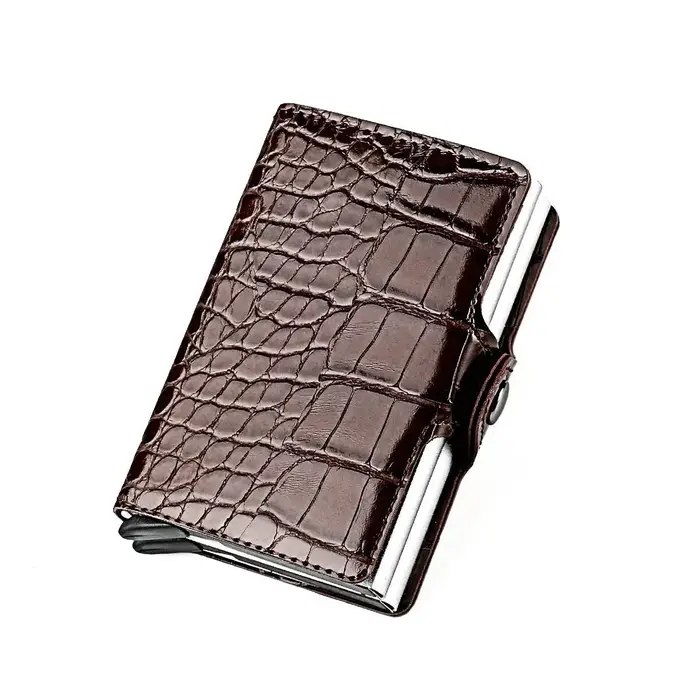 Porte-cartes en cuir verni Crocodile RFID pour hommes, carte Pop-Up automatique, Double boîtier en a