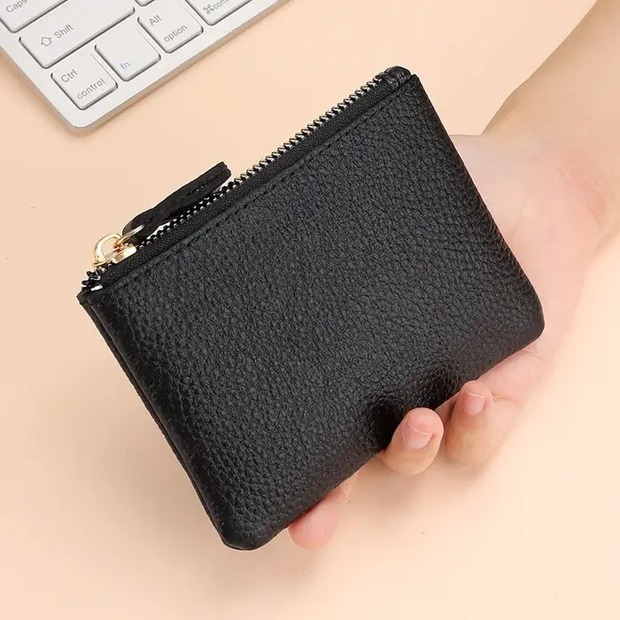 Porte-monnaie en cuir véritable noir pour hommes et femmes