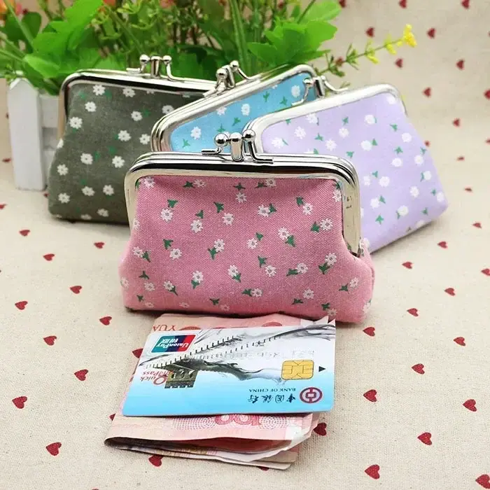 Femmes porte-monnaie mignon fleur imprimé dames Mini sac sac à monnaie deux boutons en métal poche pochette