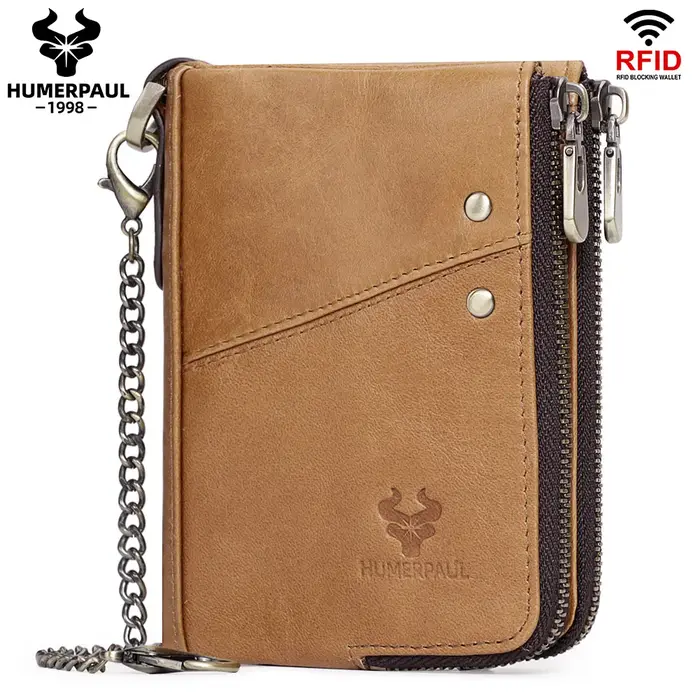 HUMERPAUL classique portefeuille pour hommes femmes en cuir véritable multi fente cartes de crédit étui sac à main antivol mâle chaîne Portomonee