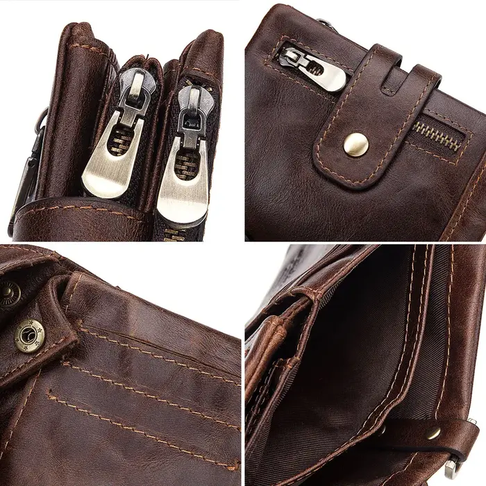 KAVIS portefeuille en cuir de vachette véritable avec poche pour pièces de monnaie pour hommes porte-carte d'argent court Double fermeture éclair mâle à deux volets RFID