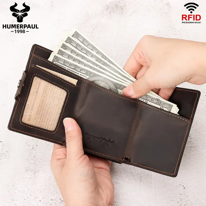 HUMERPAUL hommes porte-carte avec poche d'argent Crazy Horse cuir Pop Up minimaliste portefeuille RFID blocage mince métal carte bancaire étui