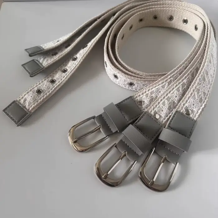 Ceinture en toile vintage avec dentelle pour femme, boucle métallique tendance, ceinture décorative,