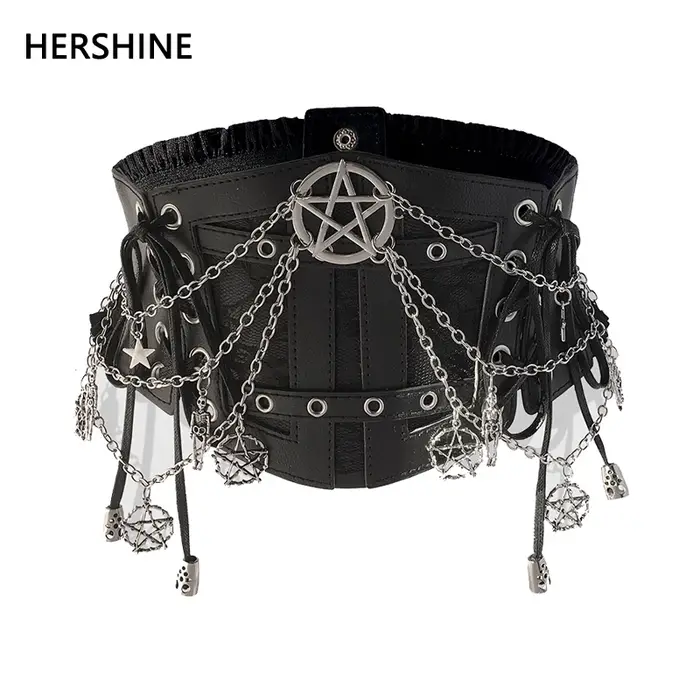 HERSHINE Ceinture large élastique avec chaîne étoile noire pour femme