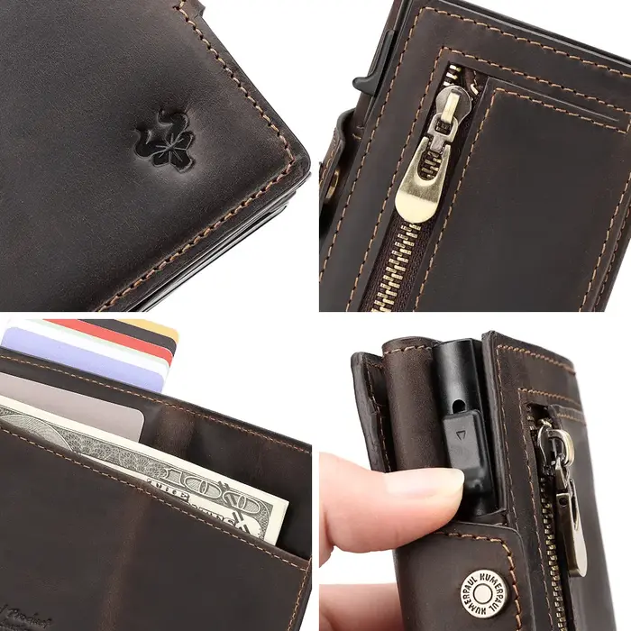 HUMERPAUL hommes porte-carte avec poche d'argent Crazy Horse cuir Pop Up minimaliste portefeuille RFID blocage mince métal carte bancaire étui