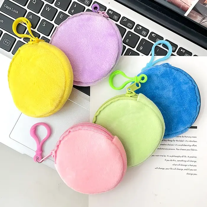 Porte-monnaie rond en peluche solide simple pour hommes et femmes