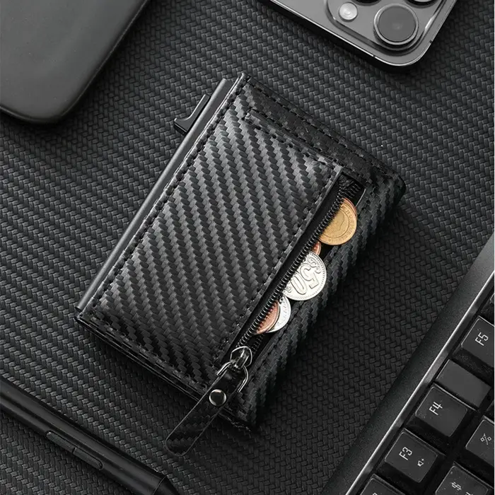 Portefeuille pour homme avec fermeture éclair, porte-monnaie, porte-cartes de crédit métallique à ouverture automatique, minimaliste, anti-RFID, idéal pour les cartes de visite