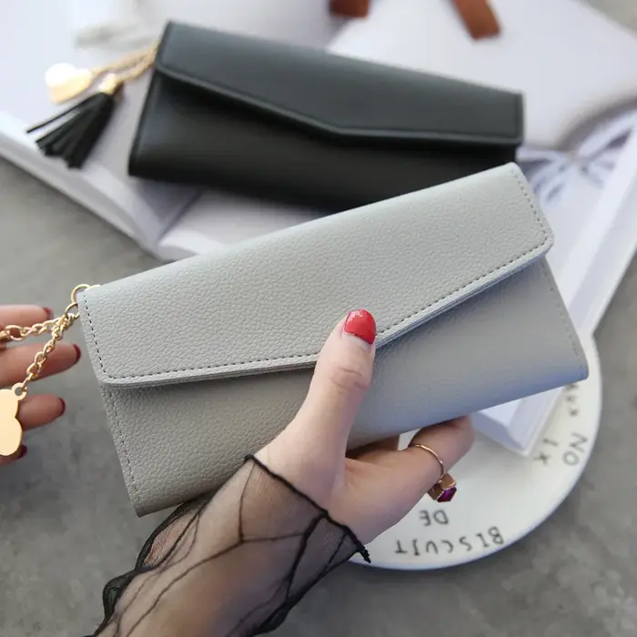Portefeuille long élégant pour femme en cuir PU souple avec fermeture éclair simple – Noir
