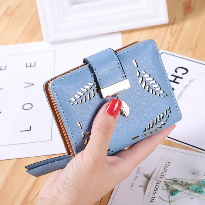 Porte-monnaie écologique à motif de feuilles creuses, portefeuille court pour femme, portefeuille compact à double rabat avec fermeture éclair pour usage au bureau