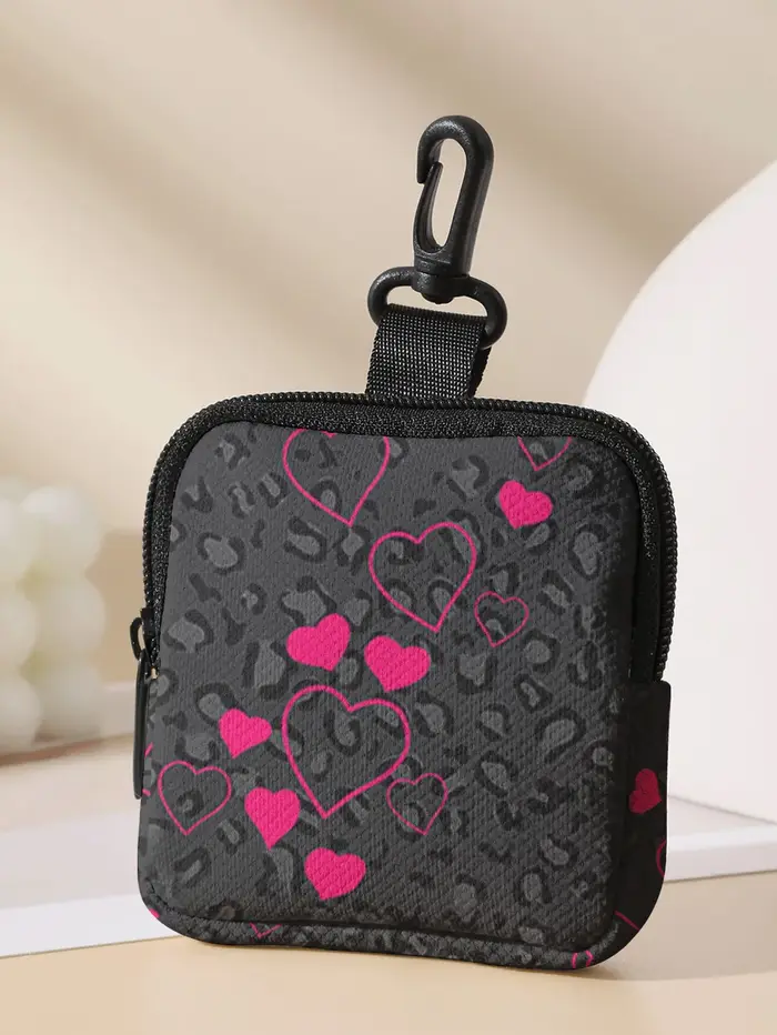 1 pièce, porte-monnaie portable avec imprimé léopard gris et motifs de cœurs roses