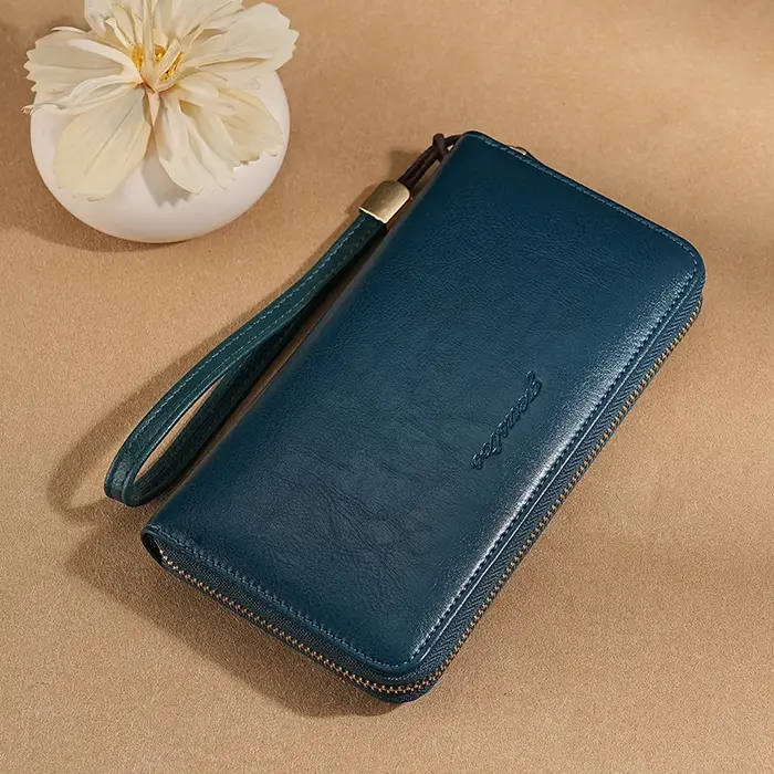 Portefeuille Long en cuir Vintage pour femmes, avec bracelet, fentes multi-cartes et poche pour télé