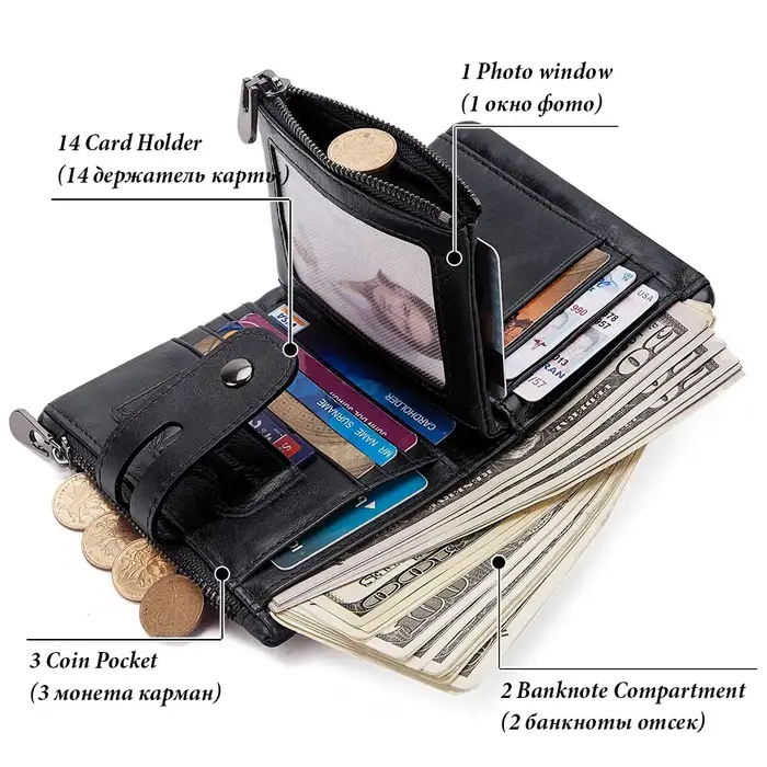 HUMERPAUL hommes portefeuille à deux volets avec 2 compacts de facture peau de vache RFID mâle porte-carte d'argent sac à main court Double fermeture éclair poches pour pièces de monnaie