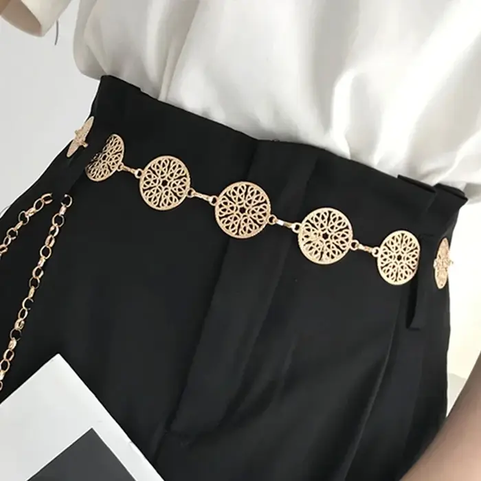 Ceinture ronde en métal pour femmes, élégante, rétro, or, argent, sculpté, chaîne ajourée, longues, robe à la mode, ceinture décorative pour dames