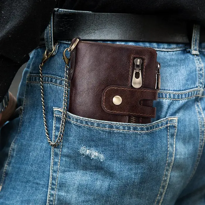 KAVIS portefeuille en cuir de vachette véritable avec poche pour pièces de monnaie pour hommes porte-carte d'argent court Double fermeture éclair mâle à deux volets RFID