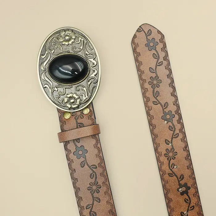 Ceinture pour femmes incrustée de Turquoise noir de Style Court rétro, Style Denim occidental, ceinture pour femmes de Niche, ceinture en pierres précieuses noires sculptées