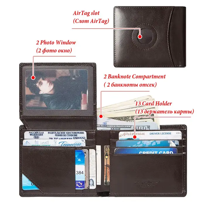 HUMERPAUL Airtag portefeuille pour hommes en cuir véritable RFID à trois volets porte-carte avec fenêtre d'identification mince Anti-perte sac à main