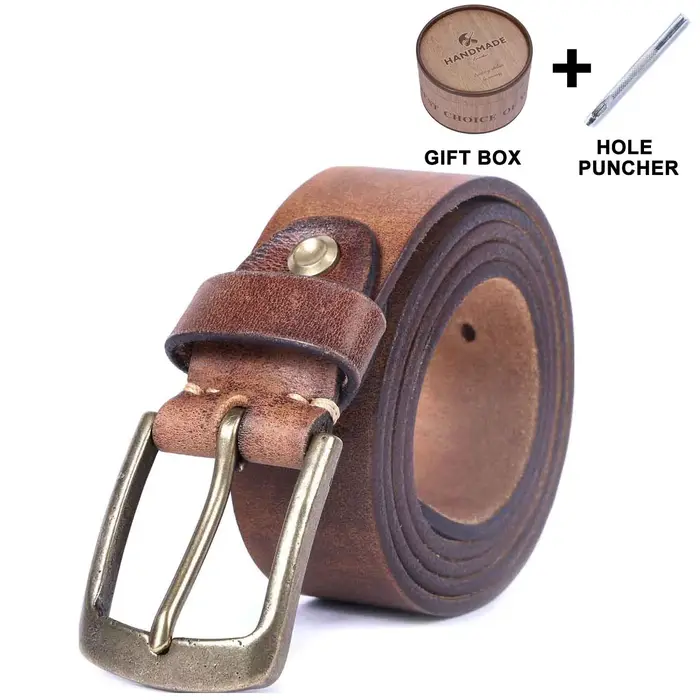 Ceinture Vintage en cuir véritable pour hommes avec boucle en laiton massif