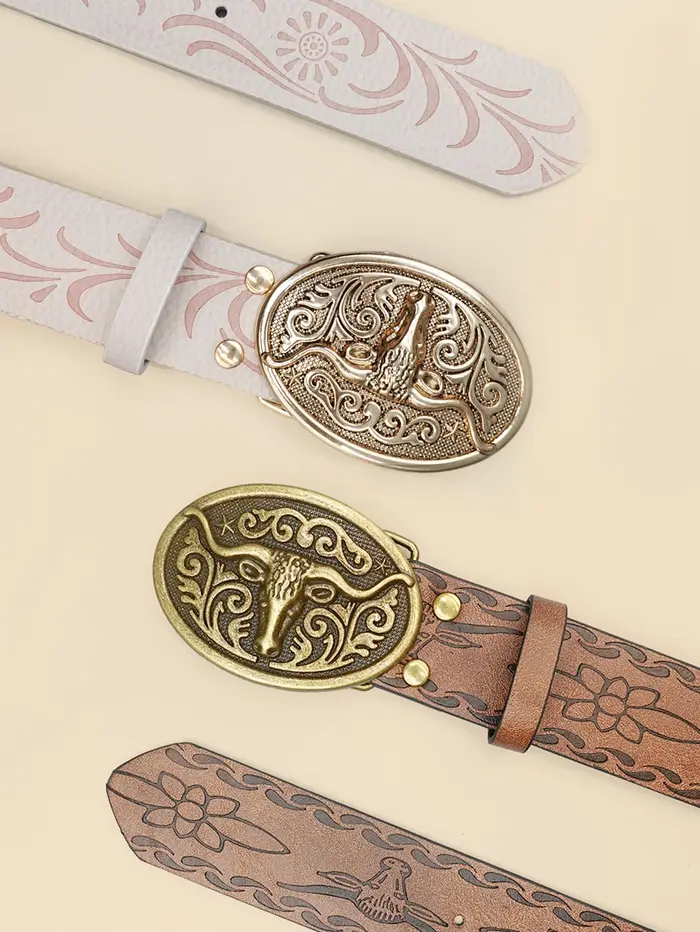 Ceinture décontractée vintage de style cowboy occidental – Boucle sculptée en tête de bœuf et imprimé bohème