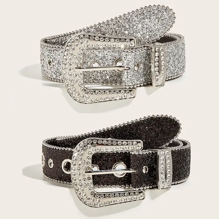Ceinture gothique noire argentée avec boucle en métal et strass, design de luxe quatre saisons Y2K pour femmes et hommes, grande taille