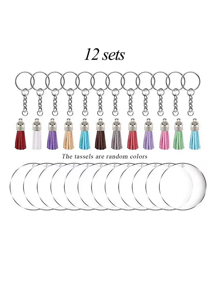 Kit de fabrication de porte-clés en acrylique, bricolage, avec anneaux métalliques, glands et disque