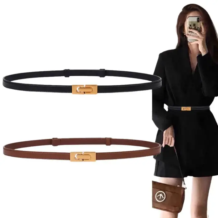 Ceinture en cuir fine pour femme, couleur unie, boucle en métal vintage, réglable, pour robe, jean, manteau