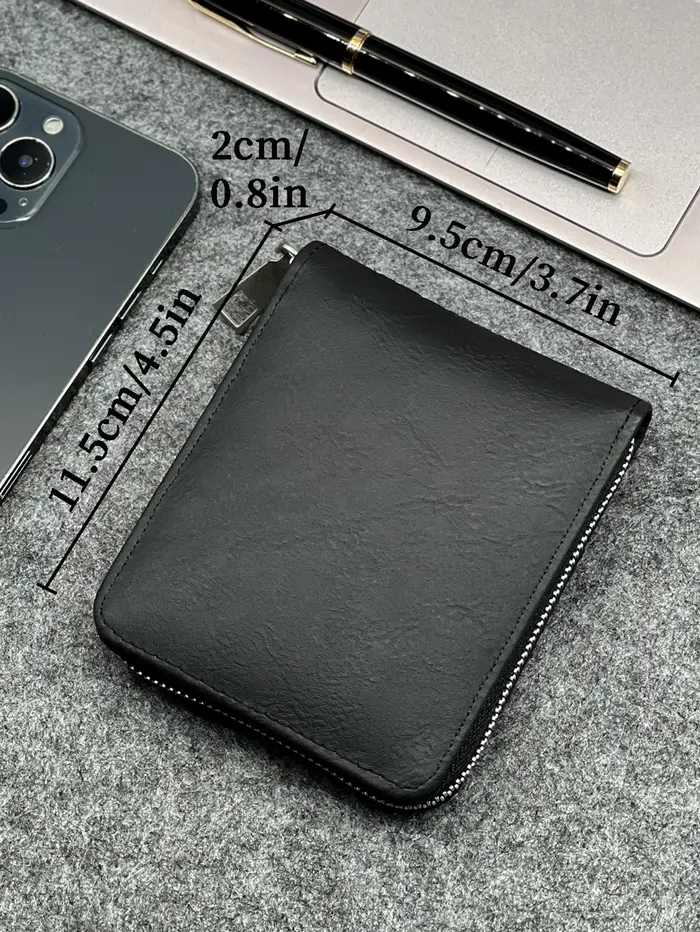 Portefeuille en PU pour hommes mince à fermeture éclair – Taille compacte pour pièces de monnaie et cartes – Design professionnel