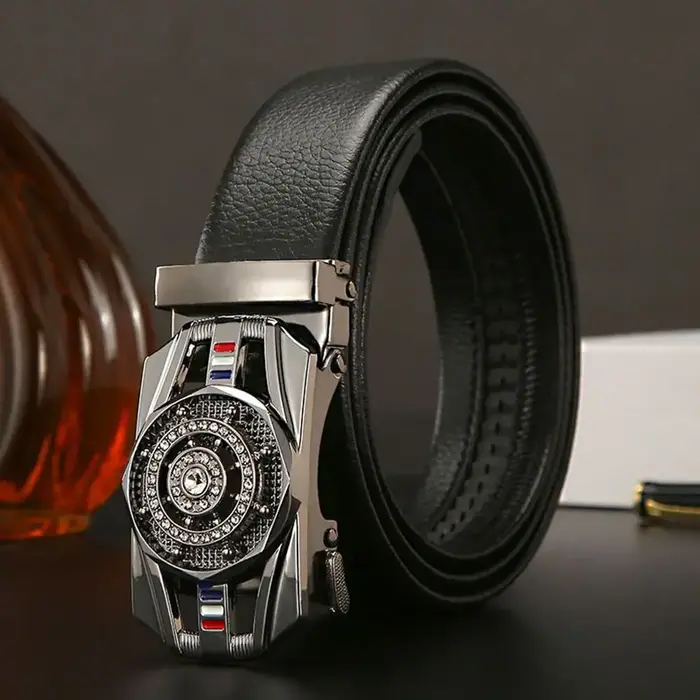 Ceinture en cuir à boucle automatique pour hommes, heure d'affaires pour courir, boucle de taille dorée, ceinture de luxe, décoration en strass