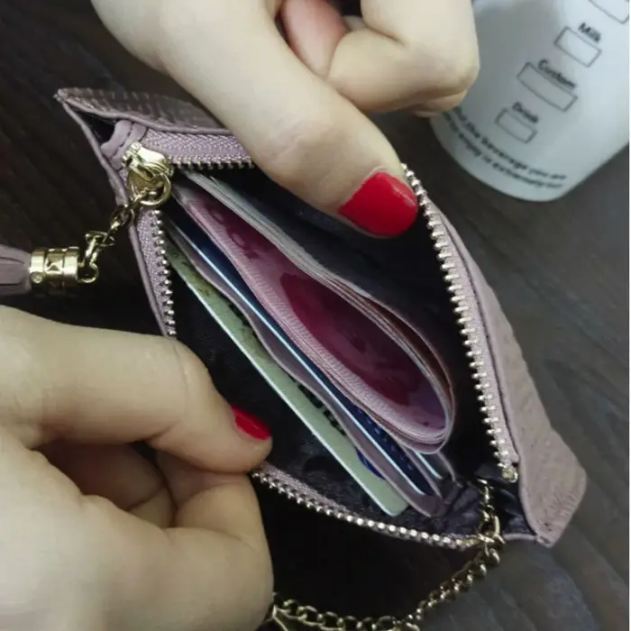Mini porte-monnaie avec porte-cartes pour dames, sac à main en cuir véritable, motif salle, fermeture éclair courte, pochette mince avec porte-clés, mode