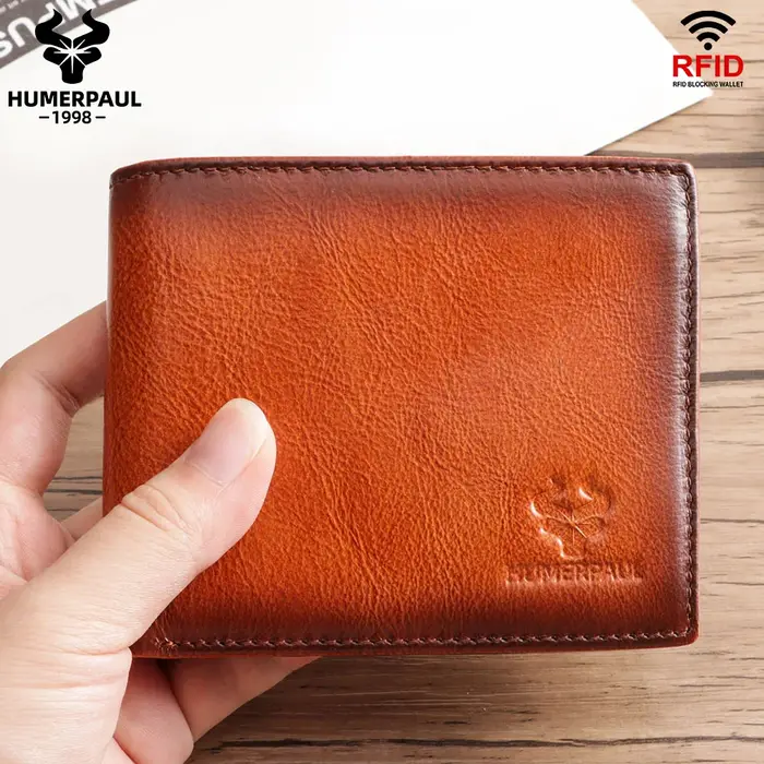 HUMERPAUL portefeuille pour hommes en cuir véritable RFID bloquant à deux volets élégant porte-carte sac à main avec fenêtre d'identification classique mâle sac d'argent