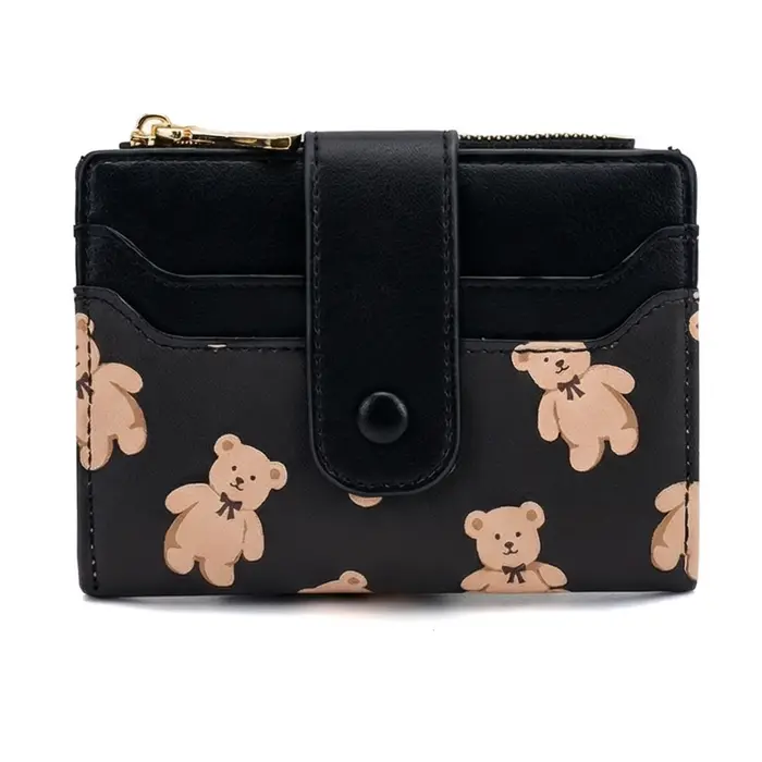 Portefeuille bifold pour femme en cuir PU avec motif d'ours mignon