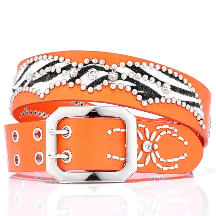 Ceinture en cuir orange avec strass pour femme