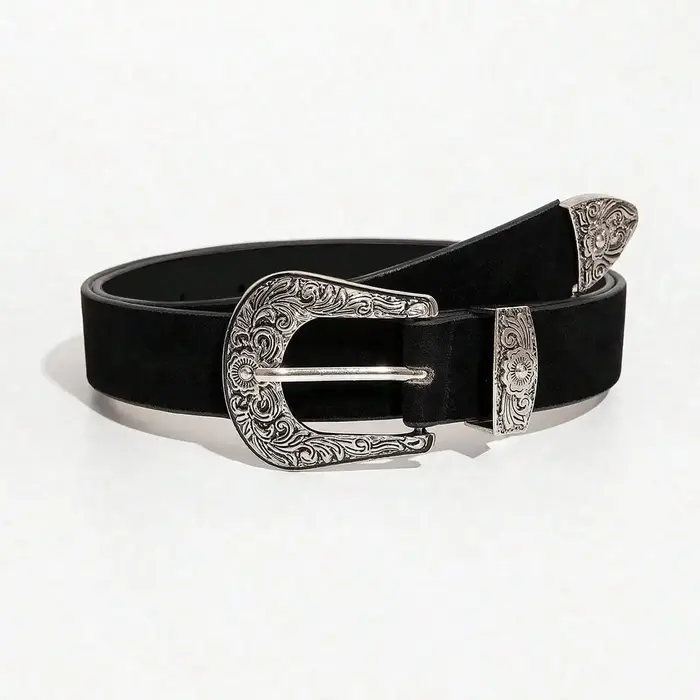 Ceinture en velours noir vintage pour femmes, style bohème, léger, luxe, argent gravé, boucle en mét