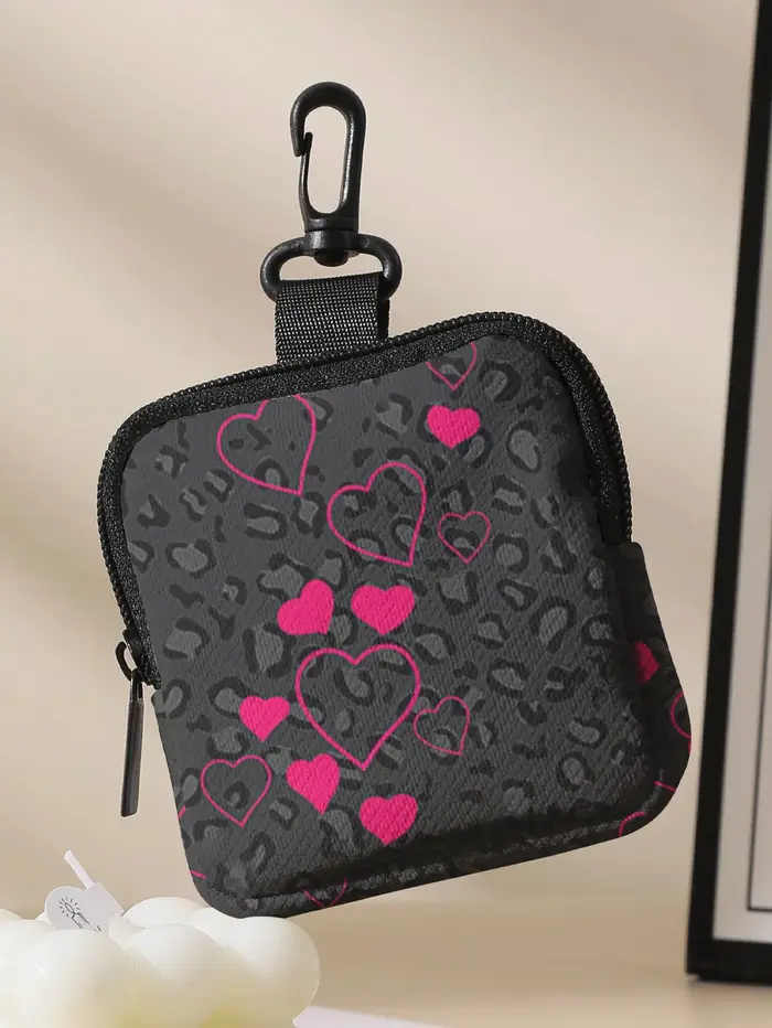 1 pièce, porte-monnaie portable avec imprimé léopard gris et motifs de cœurs roses