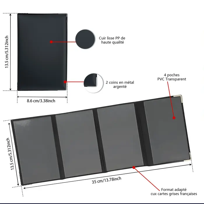 Porte-cartes gris à 4 volets en simili cuir