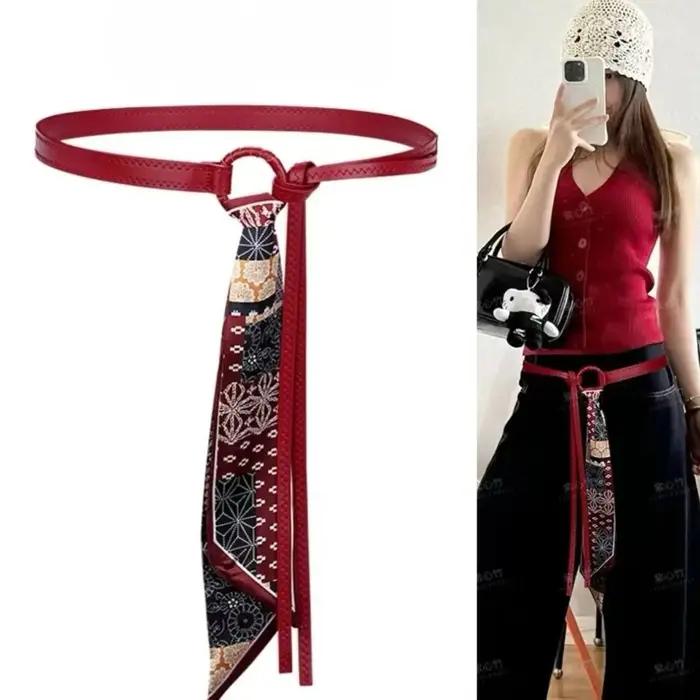 Ceinture de taille pour femmes en cuir PU rétro, style punk et bohème Y2K, avec foulard en soie, tendance, décorative pour jeans et robes