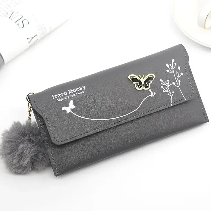 Portefeuille boule de fourrure pour femmes, couleur unie, en cuir PU, Long Standard, porte-cartes pa