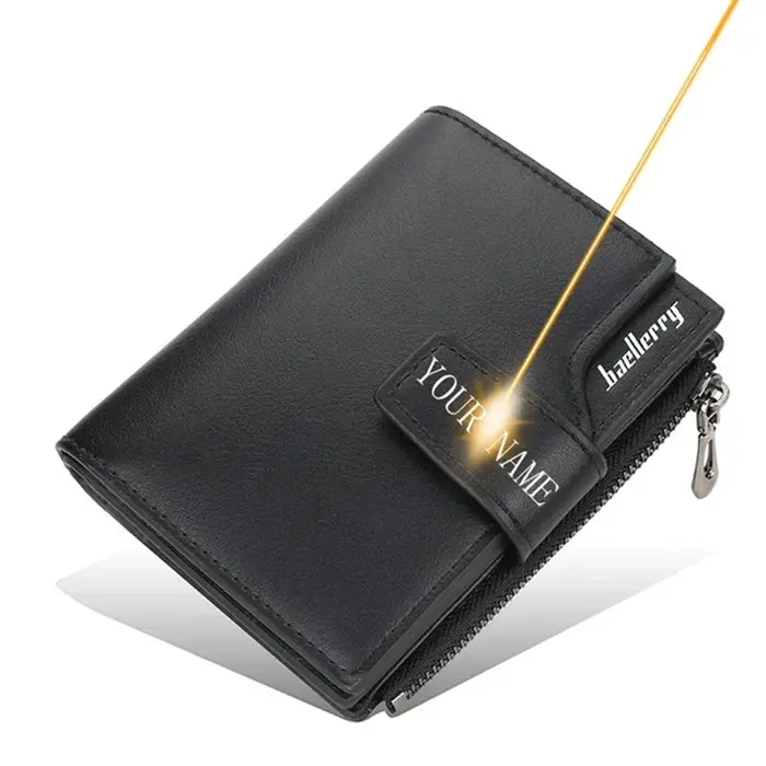 Portefeuille personnalisé avec Photo et nom pour hommes et femmes, en cuir PU, court, à trois volets, fermeture éclair, poche pour pièces de monnaie, rétro, haute capacité, cadeau