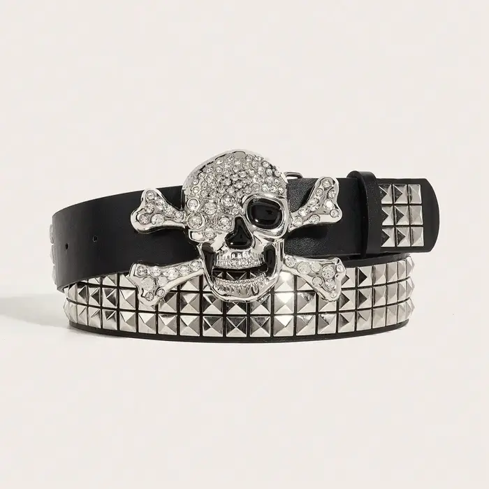 Ceinture à rivets et boucle tête de mort punk foncé pour hommes