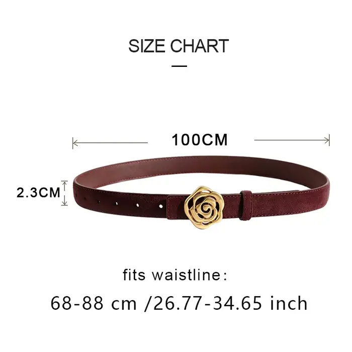 Ceinture en cuir suédé pour femme, style vintage, boucle fleur rose dorée, avec emballage cadeau, pour robe ou jean